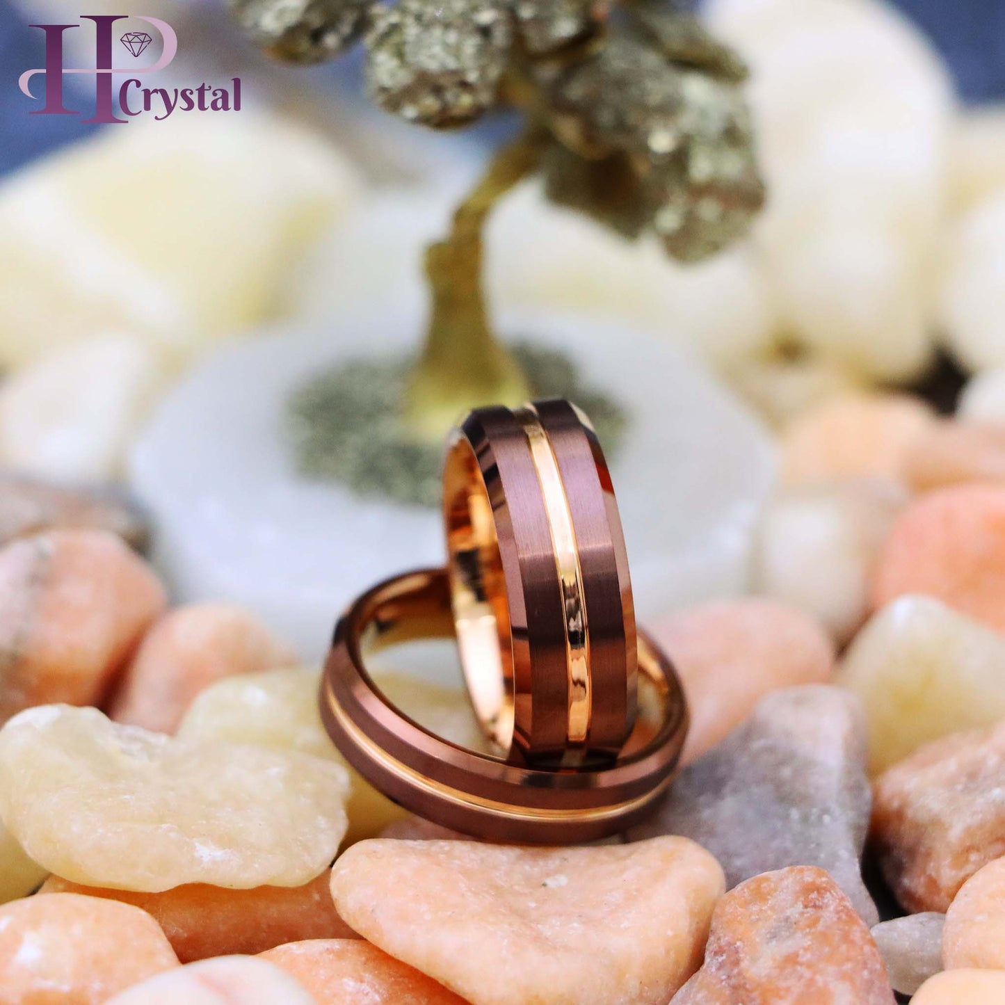 Beveled Edge Brushed Brown IP Plated Outside with Rose Gold IP Plated Grooved Center & Inside Tungsten Ring