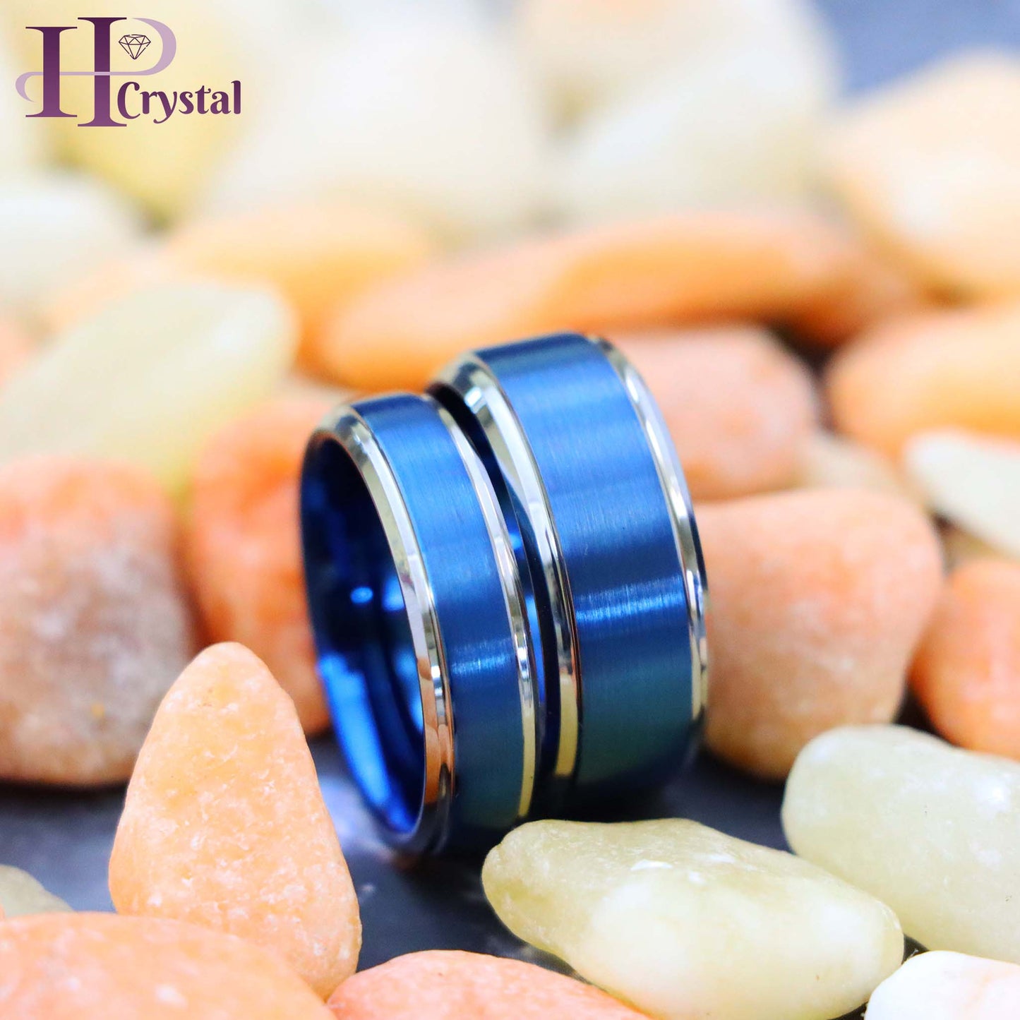 Blue IP Brushed Center High Polish Stepped/Beveled Edge Tungsten Ring