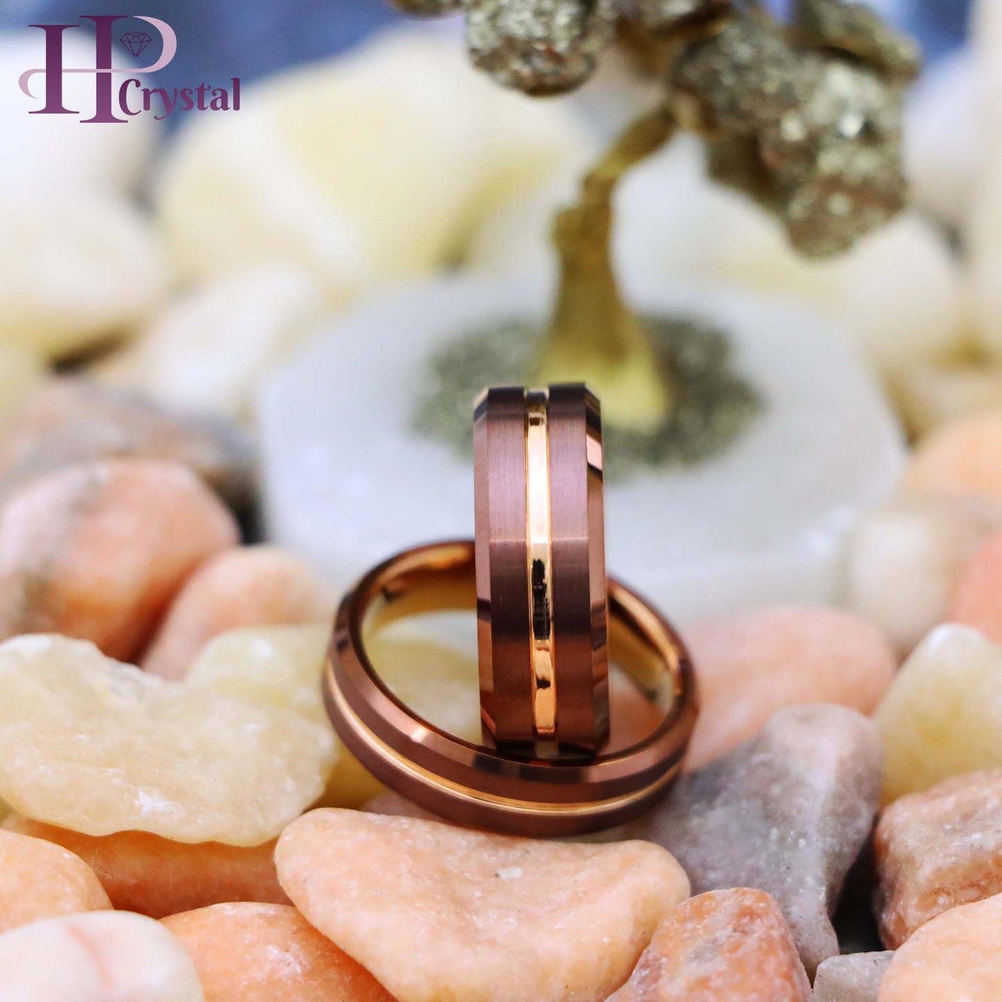 Beveled Edge Brushed Brown IP Plated Outside with Rose Gold IP Plated Grooved Center & Inside Tungsten Ring