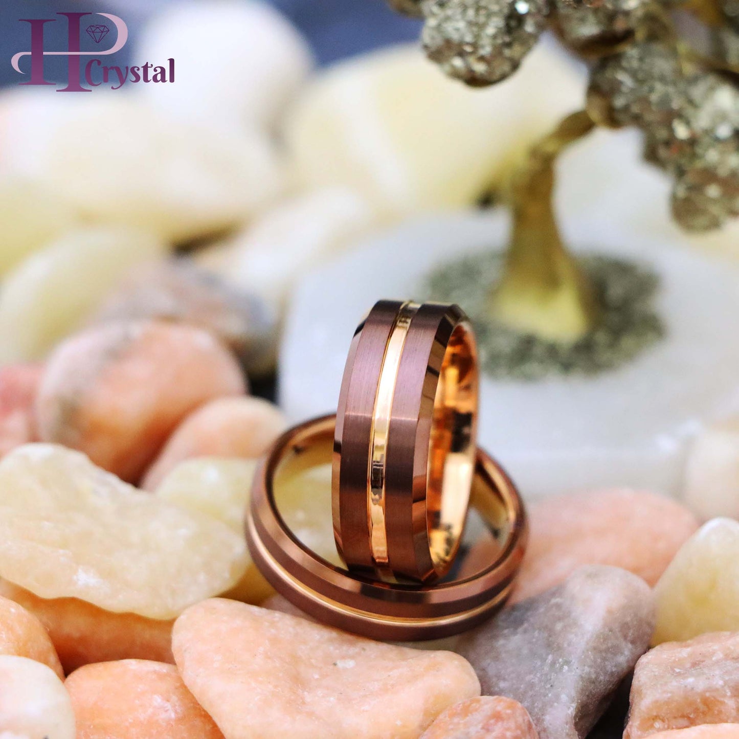Beveled Edge Brushed Brown IP Plated Outside with Rose Gold IP Plated Grooved Center & Inside Tungsten Ring