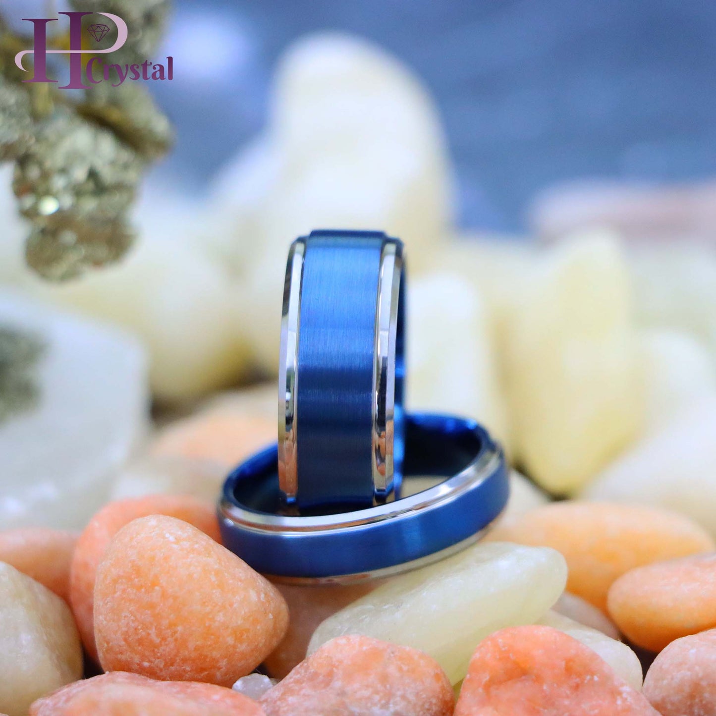 Blue IP Brushed Center High Polish Stepped/Beveled Edge Tungsten Ring