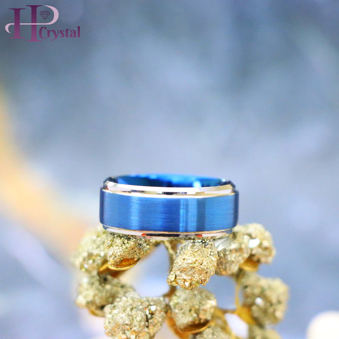 Blue IP Brushed Center High Polish Stepped/Beveled Edge Tungsten Ring
