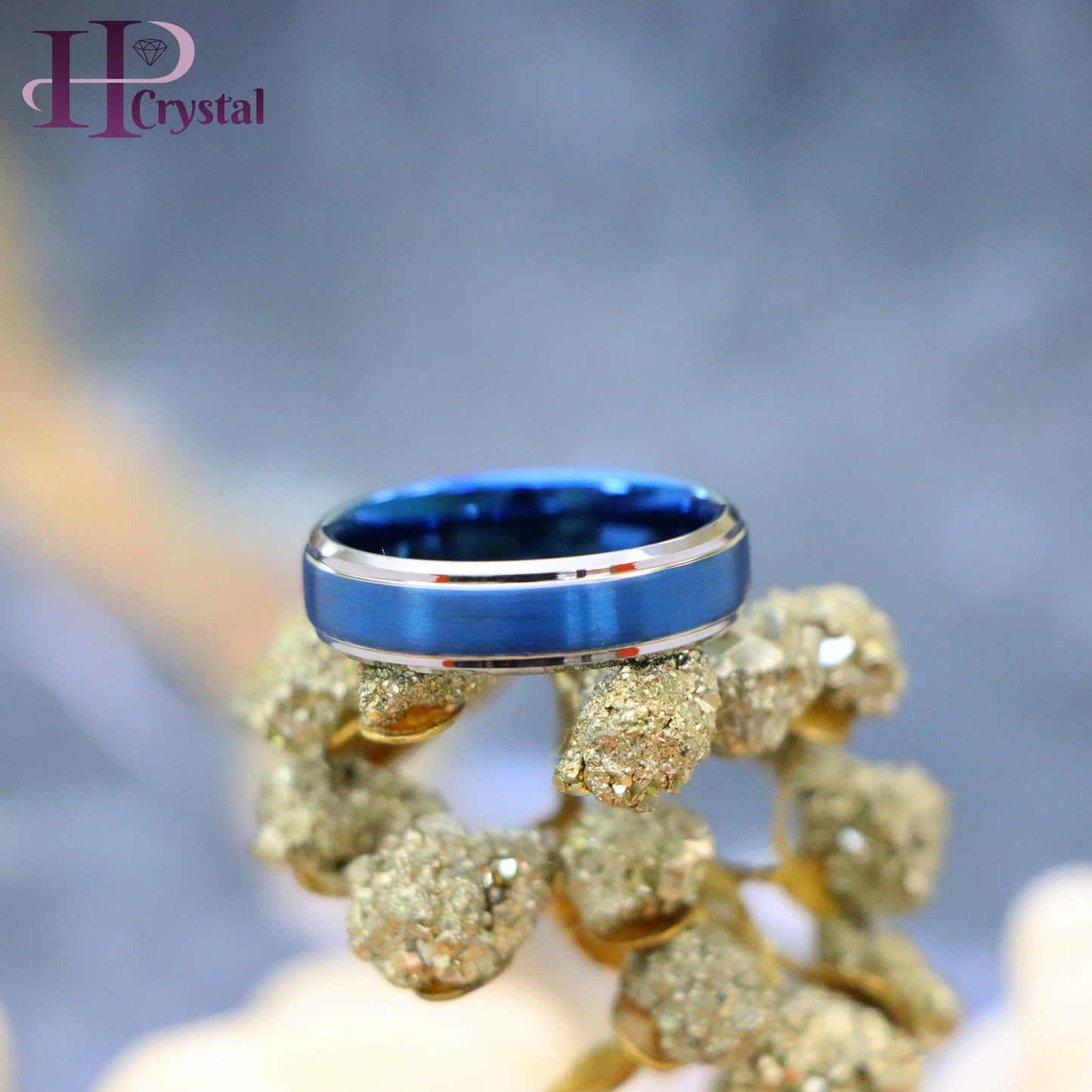 Blue IP Brushed Center High Polish Stepped/Beveled Edge Tungsten Ring