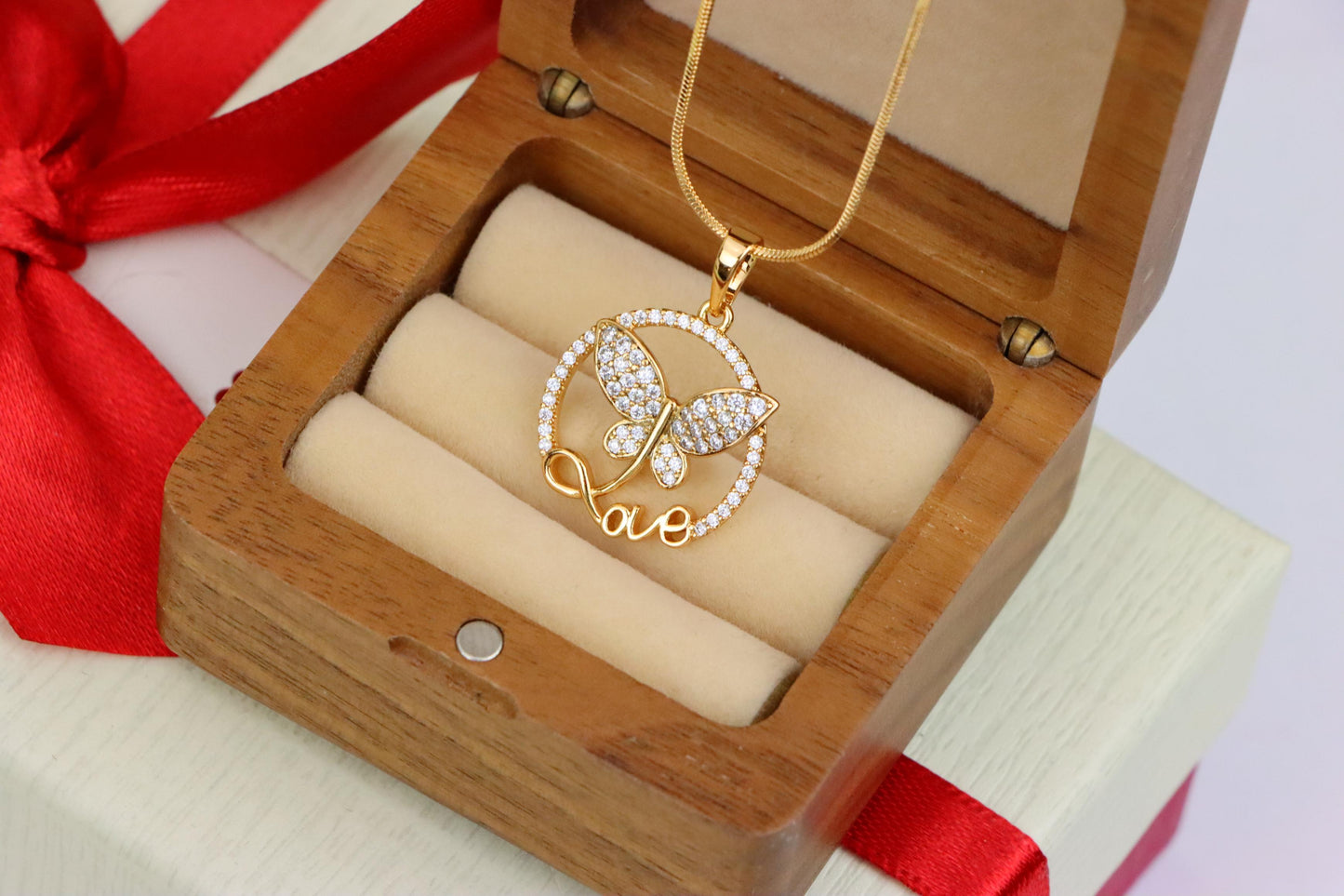 Rose Gold Butterfly Pendant with Crystals and 'Love' Design, XPPT1478 (2137-7)