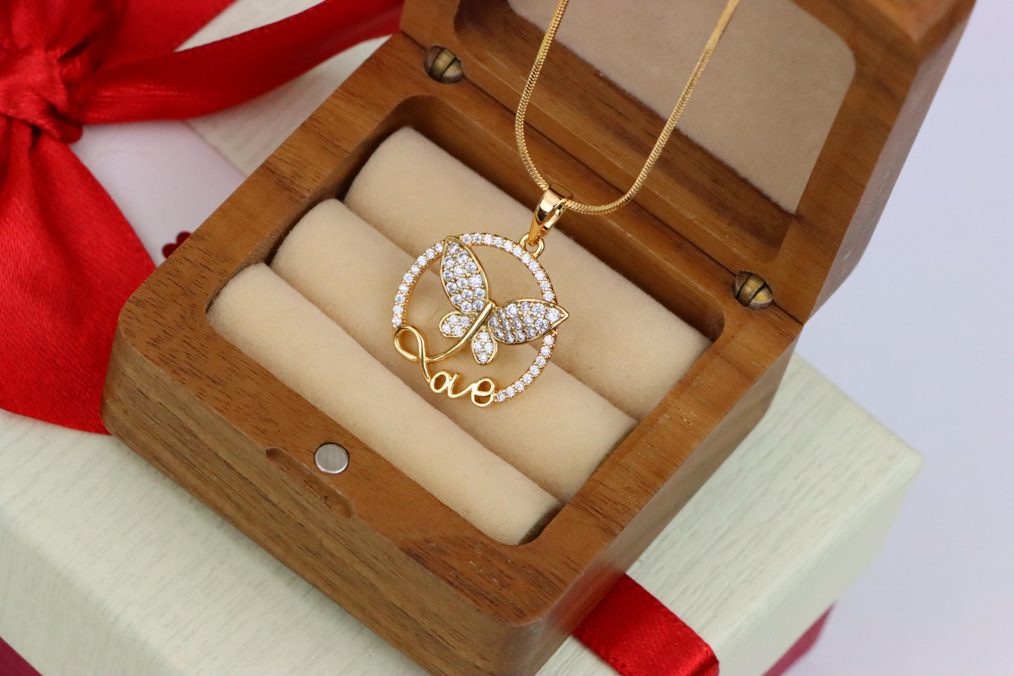 Rose Gold Butterfly Pendant with Crystals and 'Love' Design, XPPT1478 (2137-7)