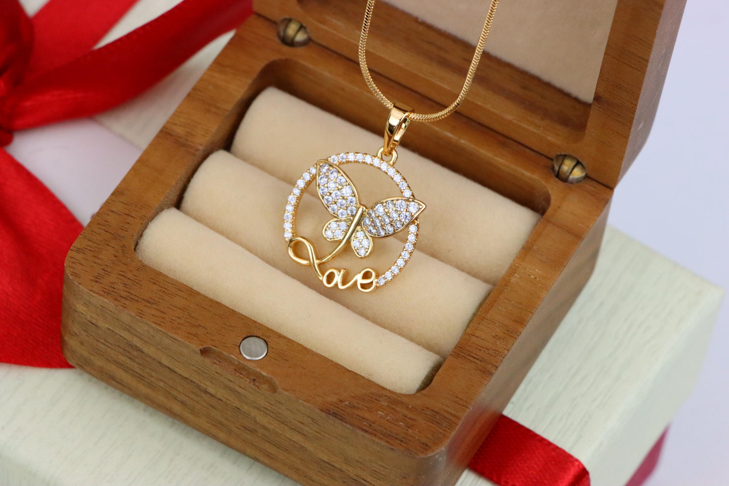 Rose Gold Butterfly Pendant with Crystals and 'Love' Design, XPPT1478 (2137-7)