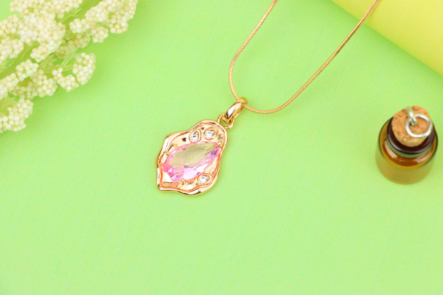 Delicate Pink Teardrop Pendant in Gold Plated Artistic Frame, XPPT1730 (2162-9)