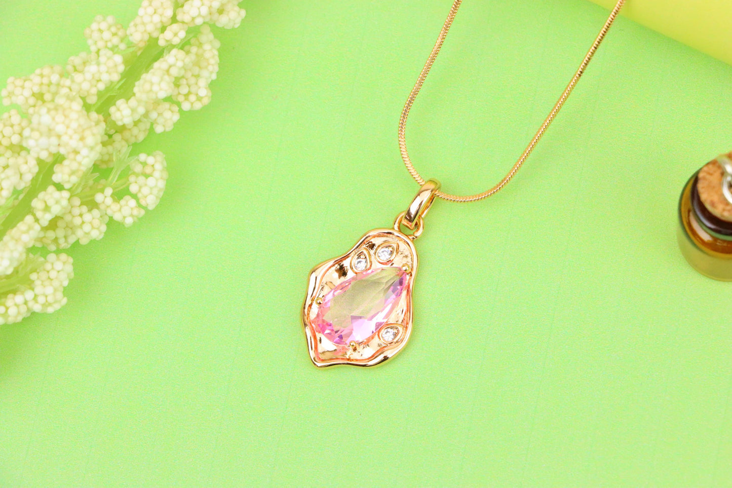 Delicate Pink Teardrop Pendant in Gold Plated Artistic Frame, XPPT1730 (2162-9)