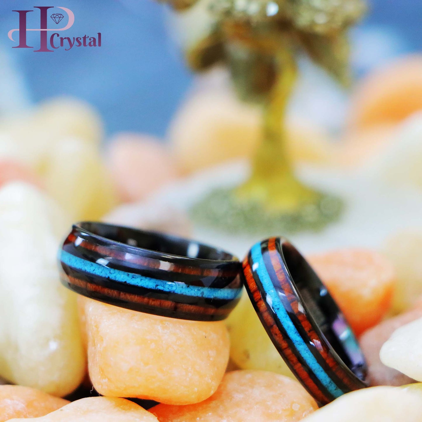 Black IP Plated with Koa Wood & Crushed Turquoise Inlay Tungsten Ring