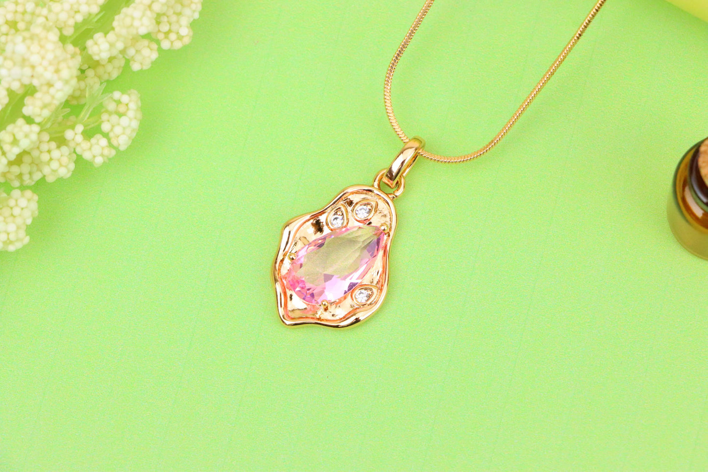 Delicate Pink Teardrop Pendant in Gold Plated Artistic Frame, XPPT1730 (2162-9)