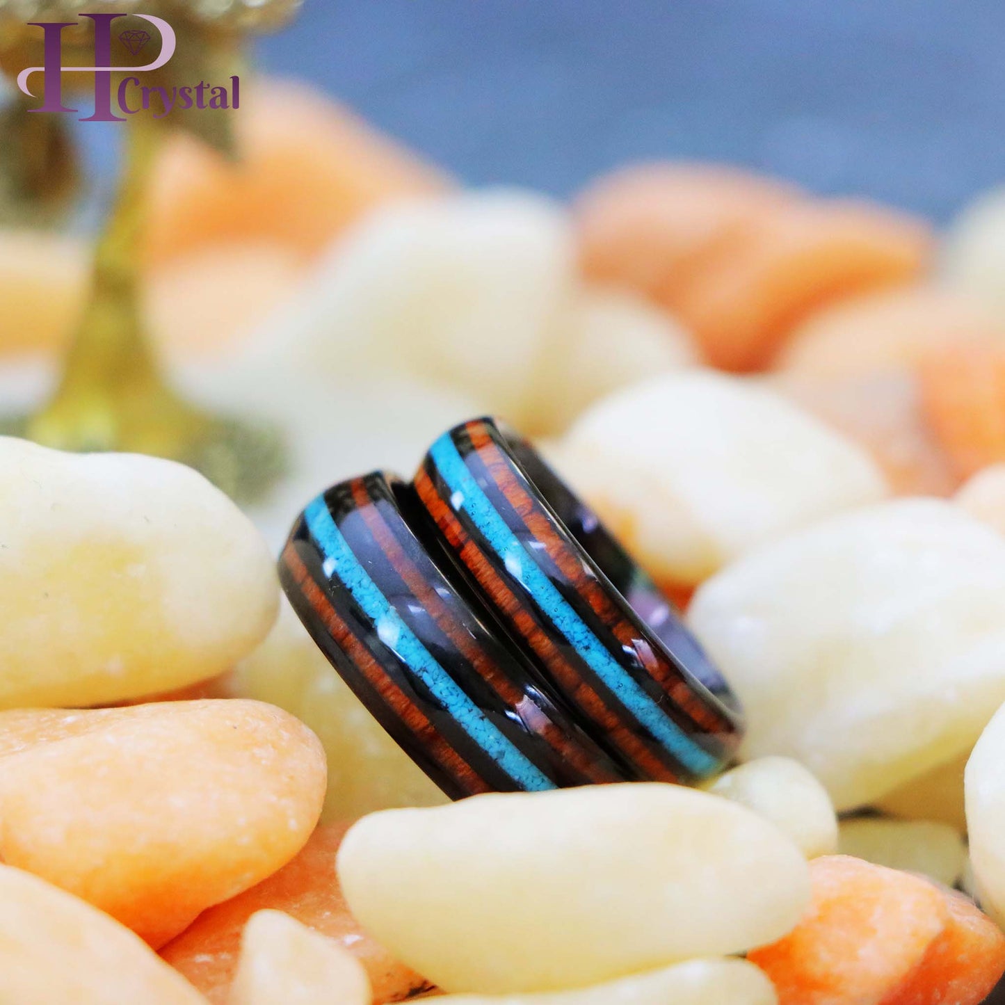 Black IP Plated with Koa Wood & Crushed Turquoise Inlay Tungsten Ring