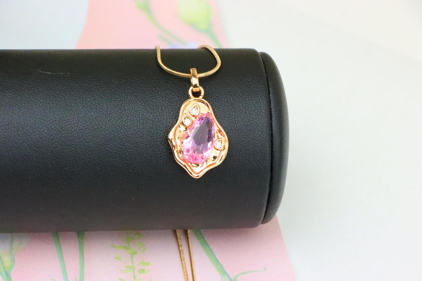 Delicate Pink Teardrop Pendant in Gold Plated Artistic Frame, XPPT1730 (2162-9)
