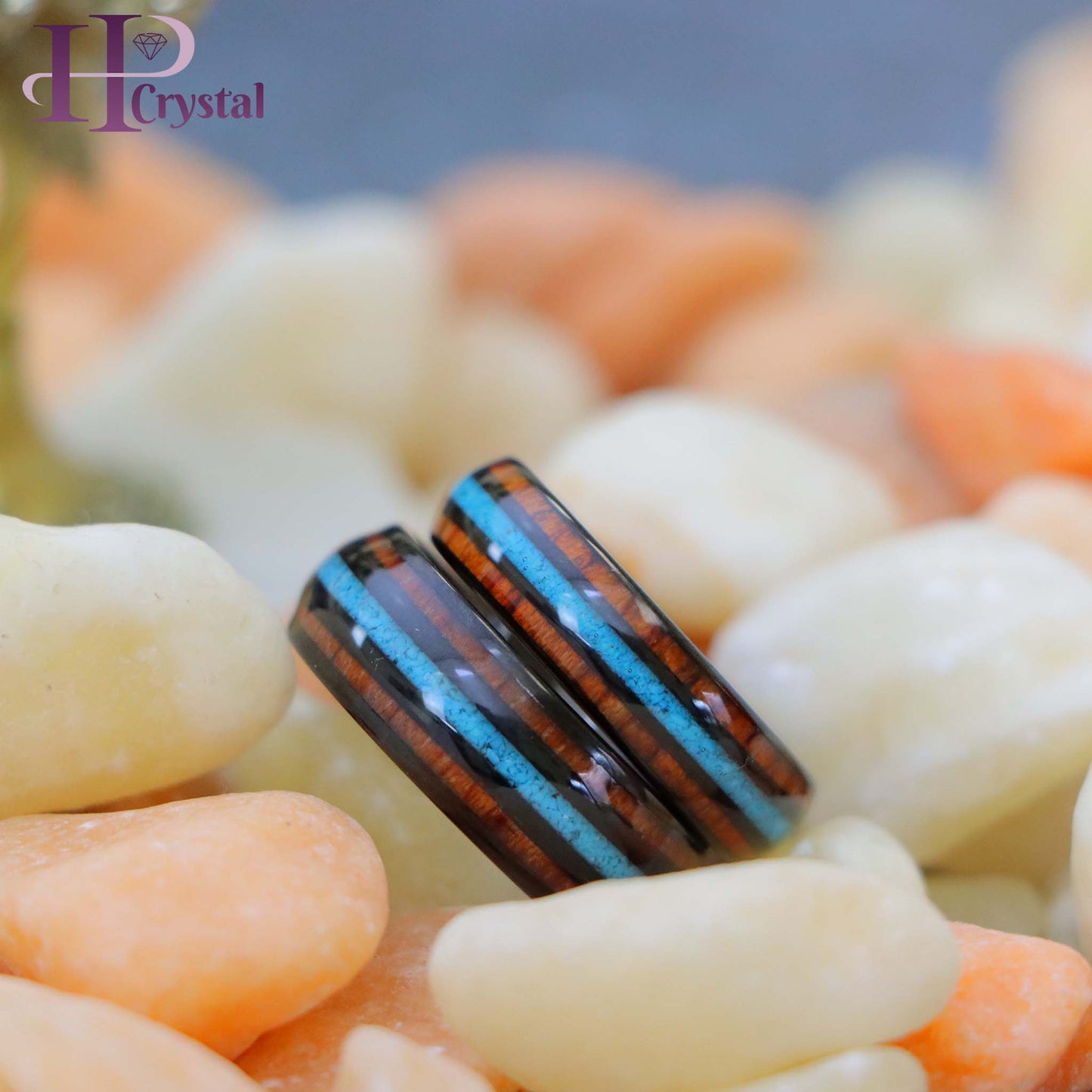 Black IP Plated with Koa Wood & Crushed Turquoise Inlay Tungsten Ring