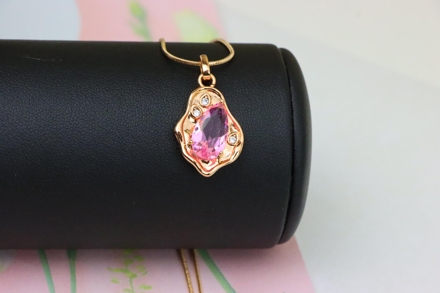 Delicate Pink Teardrop Pendant in Gold Plated Artistic Frame, XPPT1730 (2162-9)