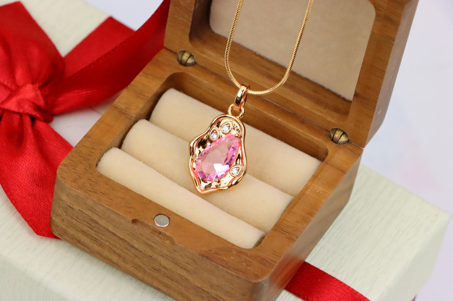 Delicate Pink Teardrop Pendant in Gold Plated Artistic Frame, XPPT1730 (2162-9)