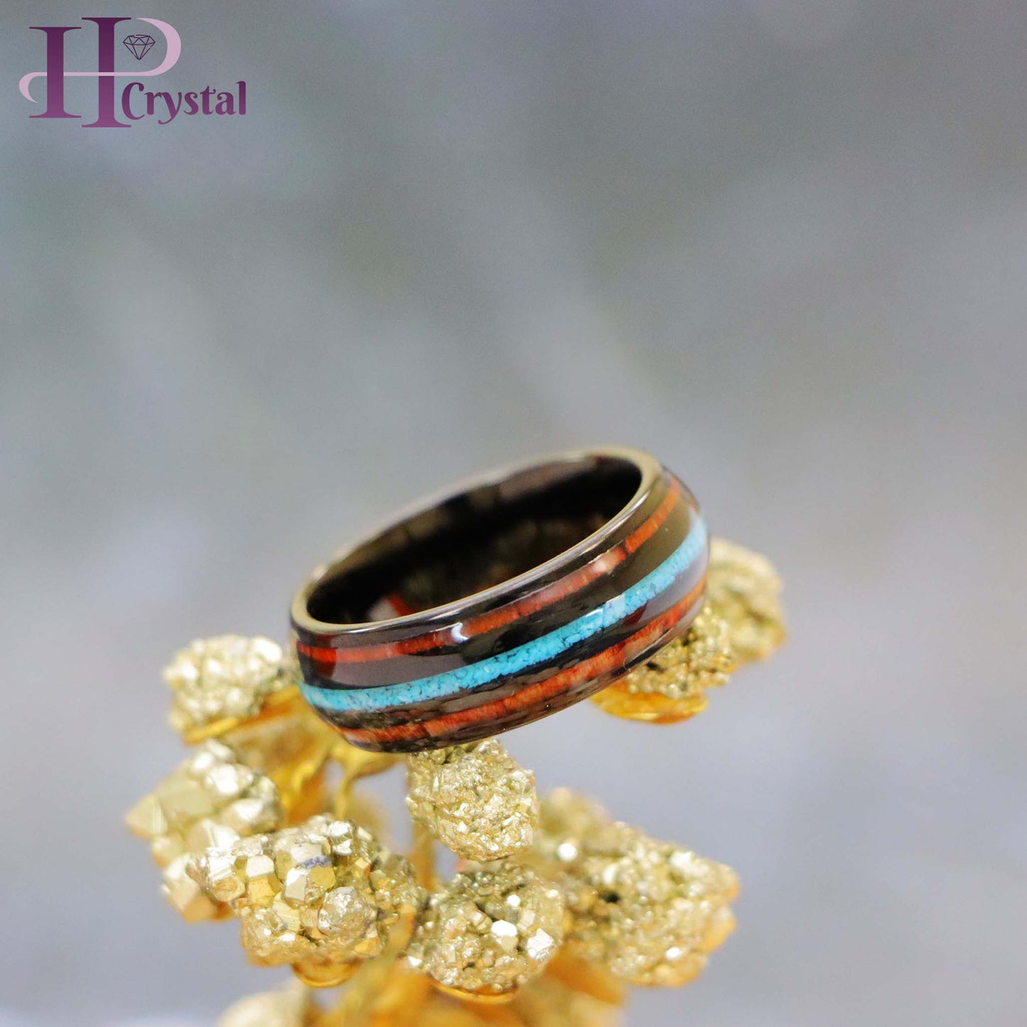 Black IP Plated with Koa Wood & Crushed Turquoise Inlay Tungsten Ring