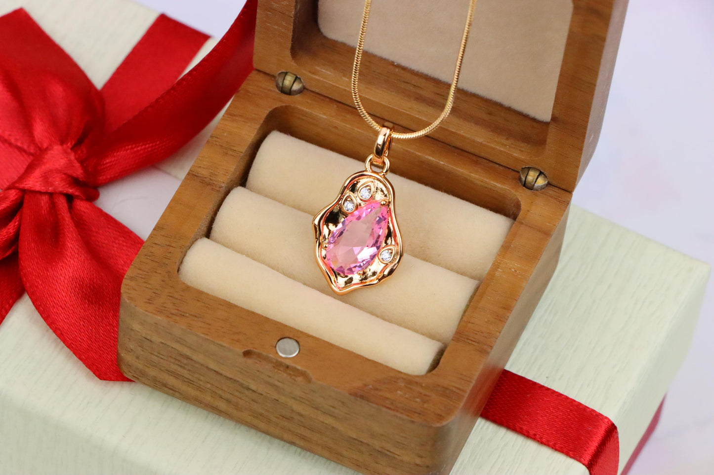 Delicate Pink Teardrop Pendant in Gold Plated Artistic Frame, XPPT1730 (2162-9)