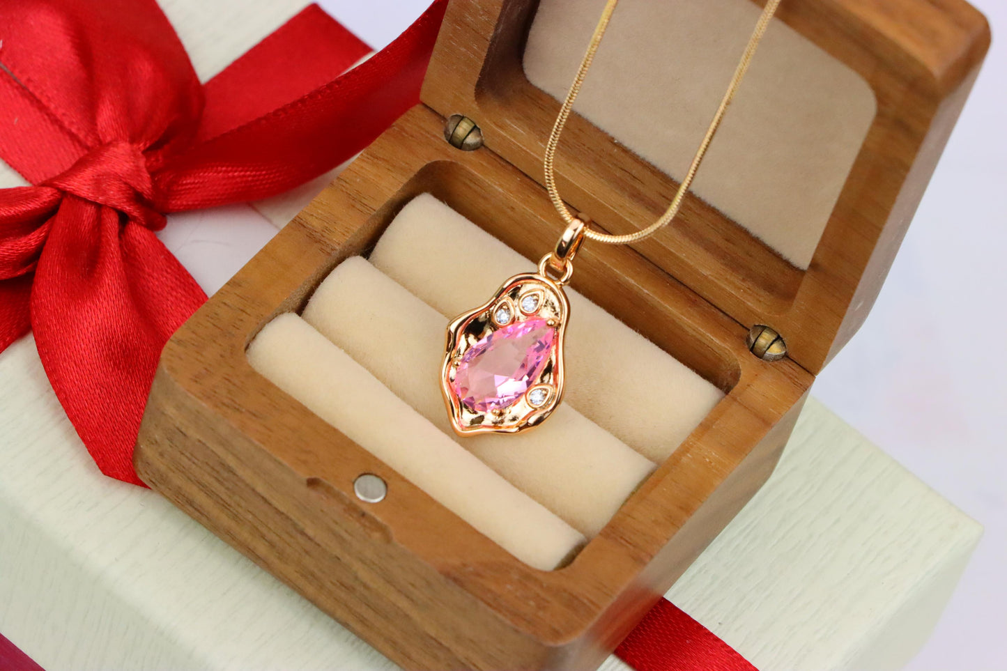 Delicate Pink Teardrop Pendant in Gold Plated Artistic Frame, XPPT1730 (2162-9)
