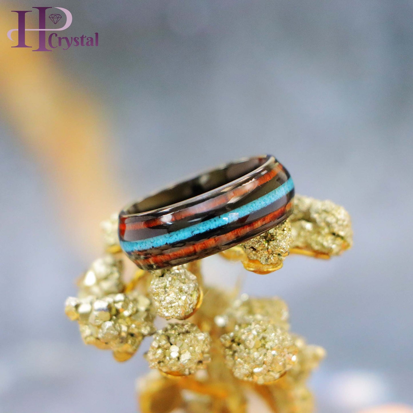 Black IP Plated with Koa Wood & Crushed Turquoise Inlay Tungsten Ring