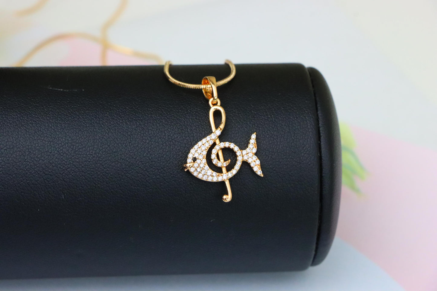 Rose Gold Fish Pendant with Treble Clef Design and Crystal Accents, XPPT1479 (2137-8)