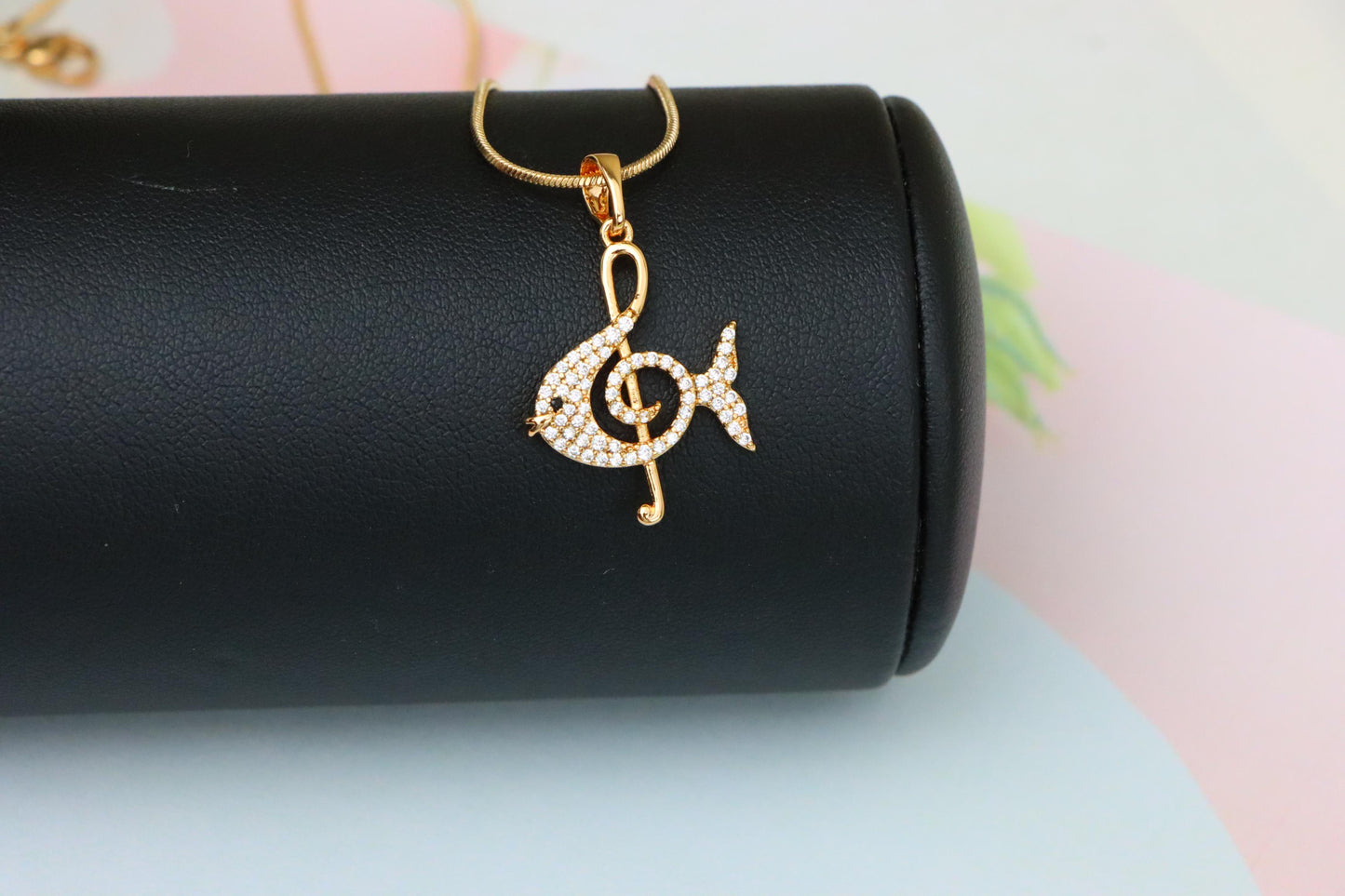 Rose Gold Fish Pendant with Treble Clef Design and Crystal Accents, XPPT1479 (2137-8)
