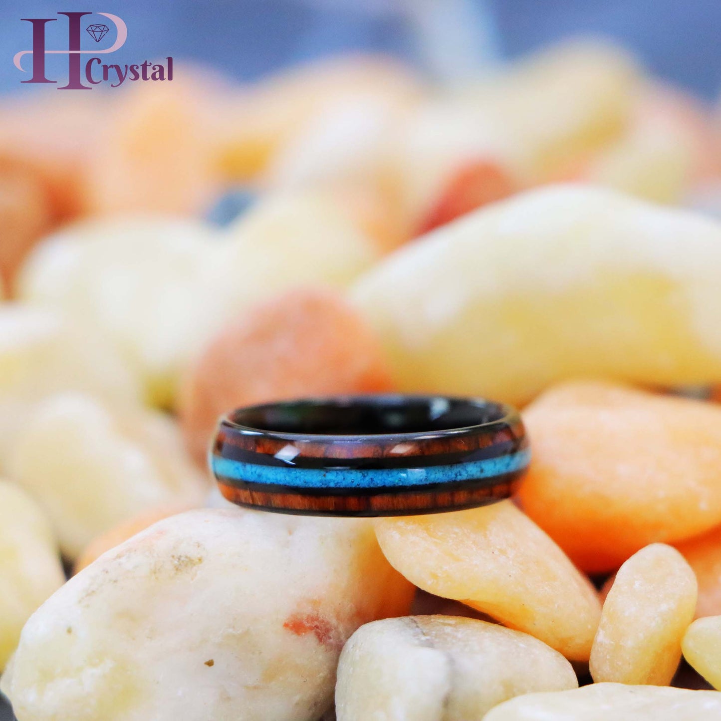 Black IP Plated with Koa Wood & Crushed Turquoise Inlay Tungsten Ring