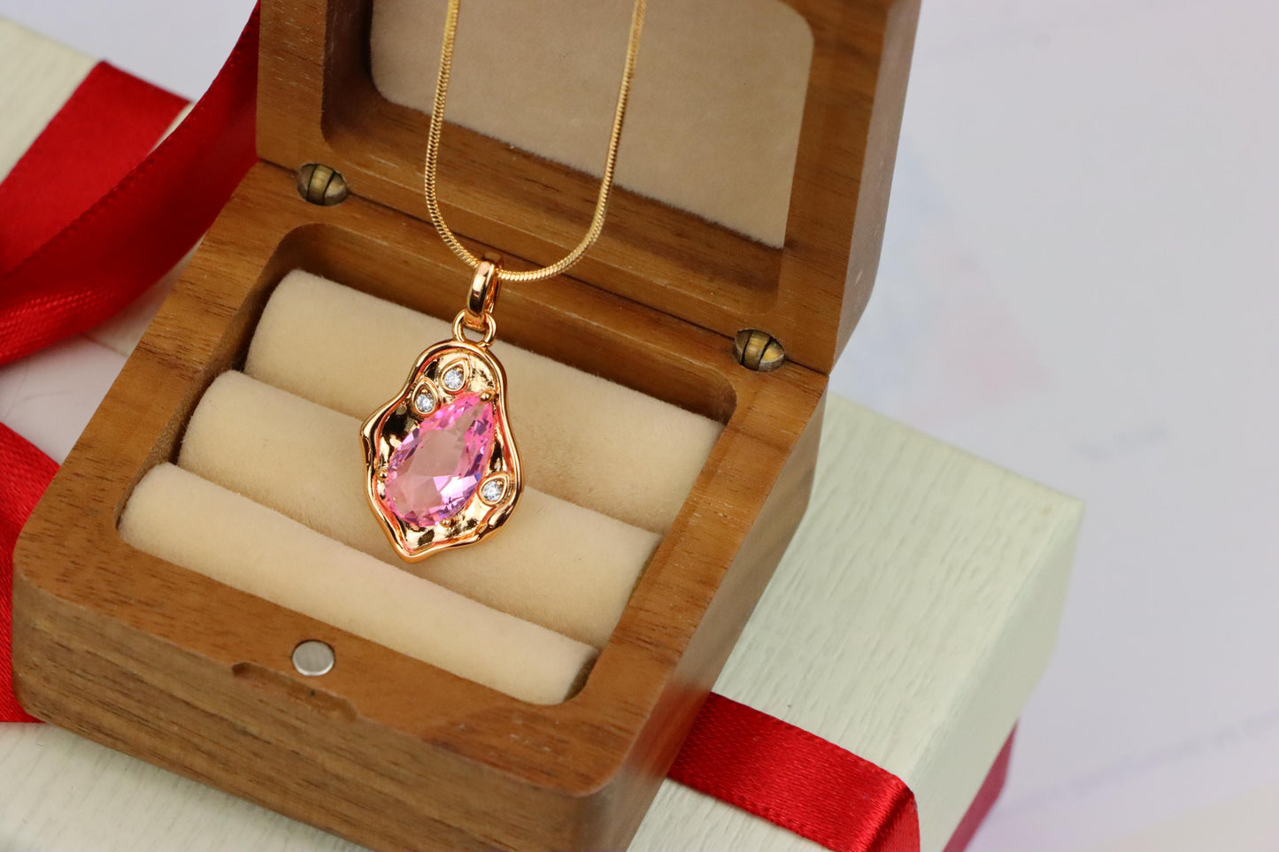 Delicate Pink Teardrop Pendant in Gold Plated Artistic Frame, XPPT1730 (2162-9)
