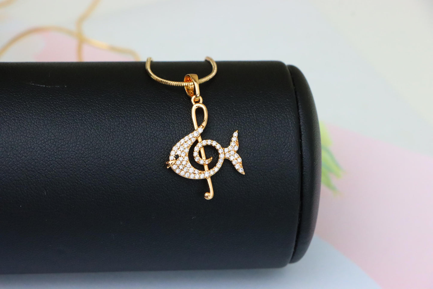 Rose Gold Fish Pendant with Treble Clef Design and Crystal Accents, XPPT1479 (2137-8)
