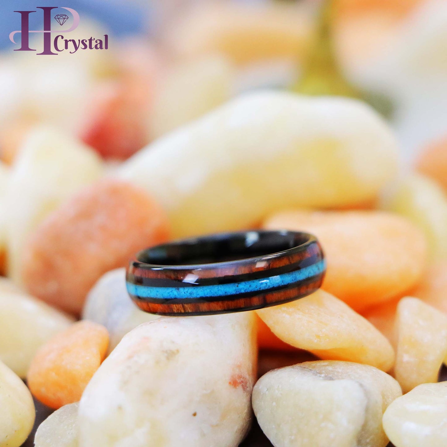 Black IP Plated with Koa Wood & Crushed Turquoise Inlay Tungsten Ring