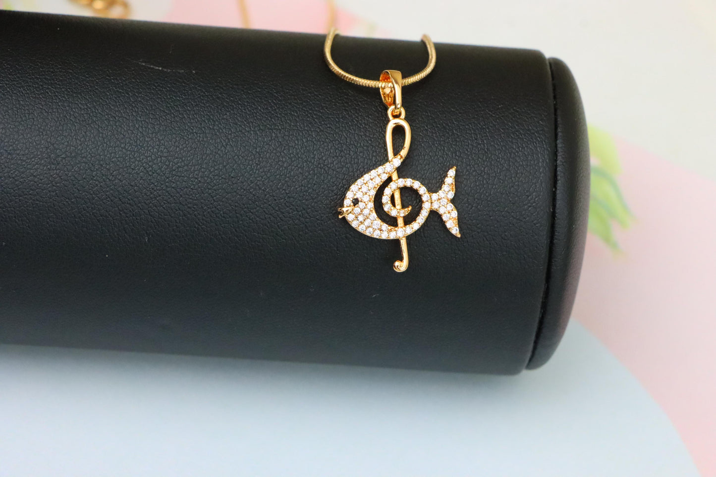Rose Gold Fish Pendant with Treble Clef Design and Crystal Accents, XPPT1479 (2137-8)