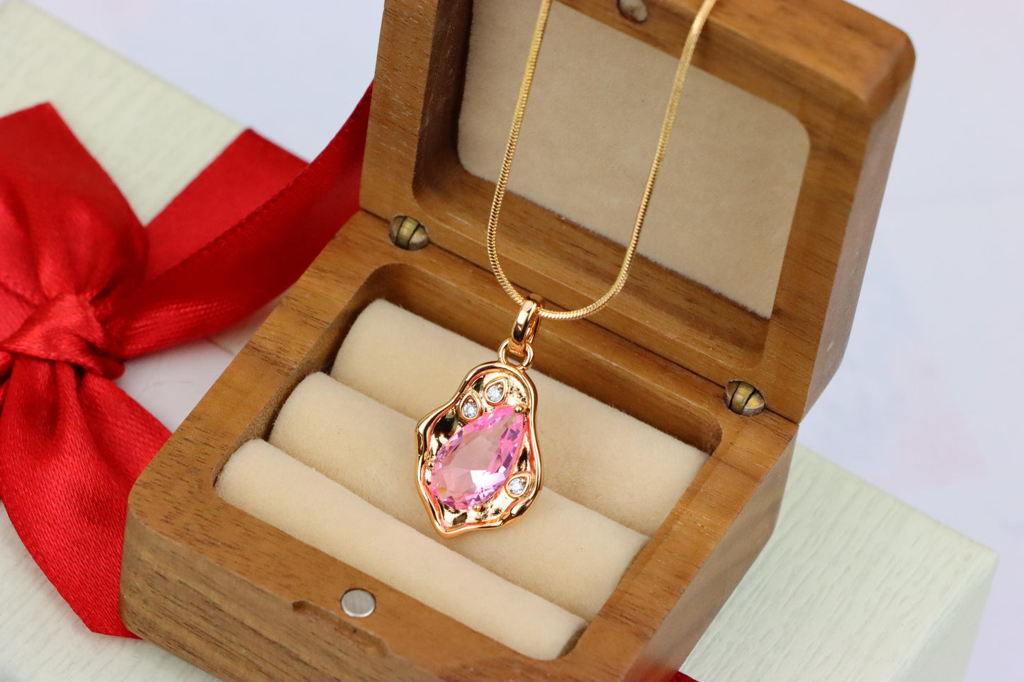 Delicate Pink Teardrop Pendant in Gold Plated Artistic Frame, XPPT1730 (2162-9)