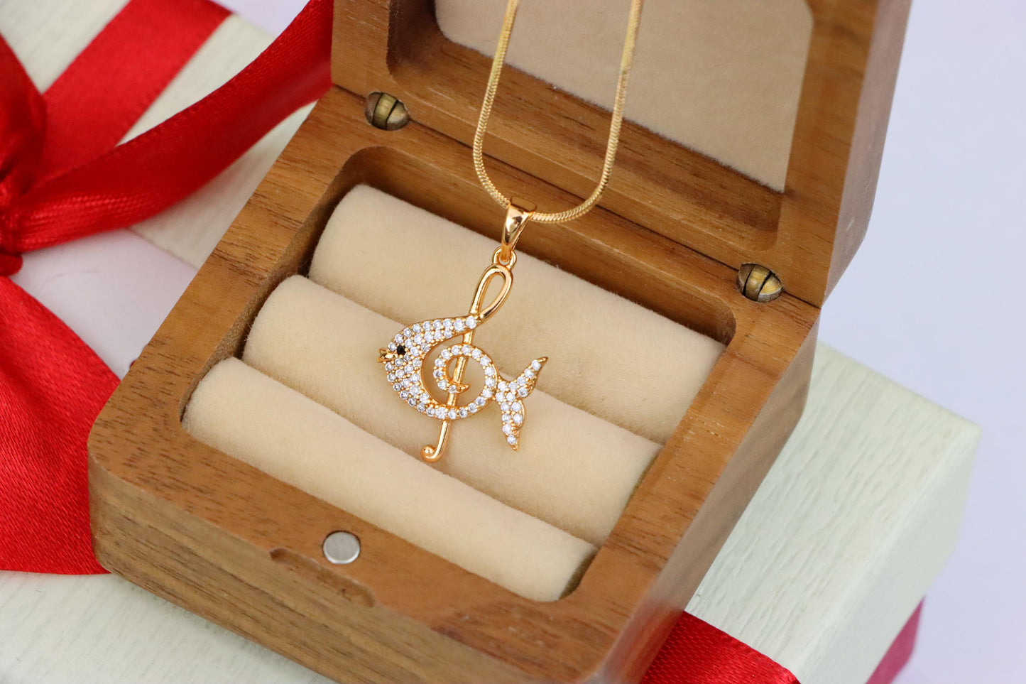 Rose Gold Fish Pendant with Treble Clef Design and Crystal Accents, XPPT1479 (2137-8)