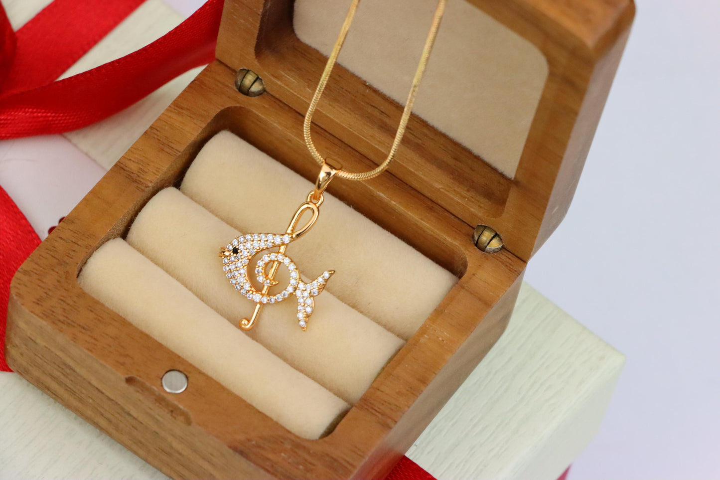 Rose Gold Fish Pendant with Treble Clef Design and Crystal Accents, XPPT1479 (2137-8)