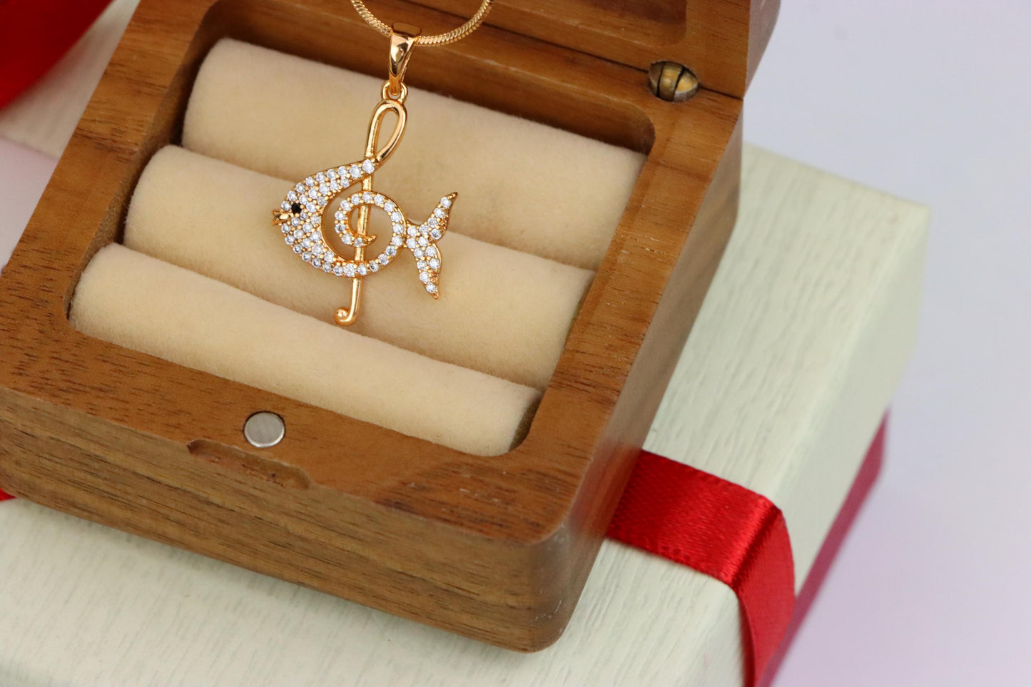 Rose Gold Fish Pendant with Treble Clef Design and Crystal Accents, XPPT1479 (2137-8)