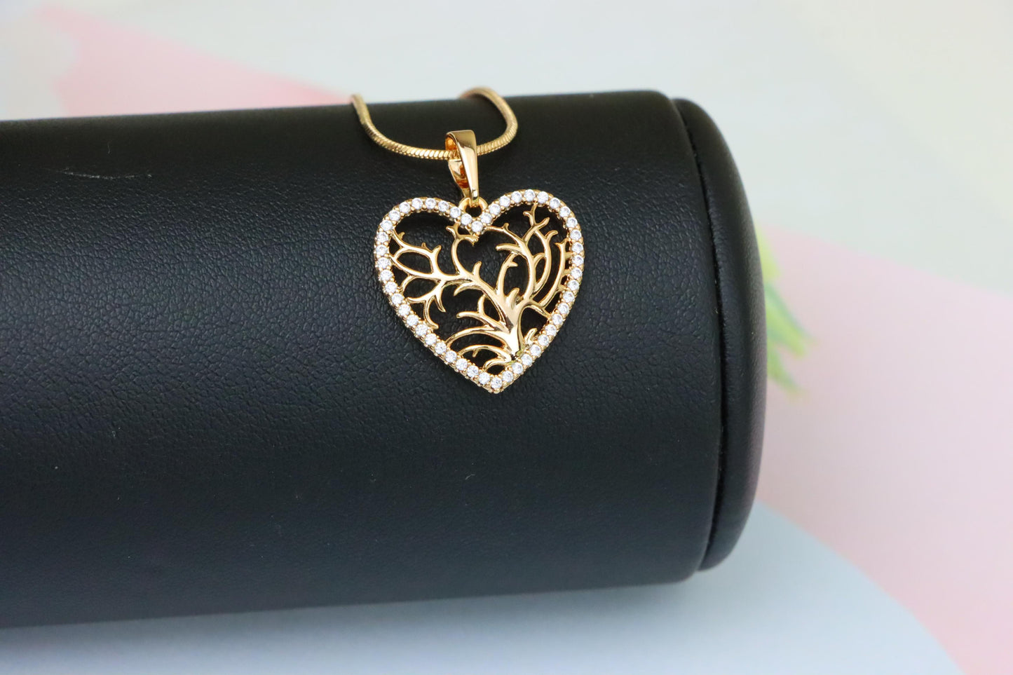 Rose Gold Heart Pendant with Tree of Life Design and Crystal Border, XPPT1480 (2137-9)