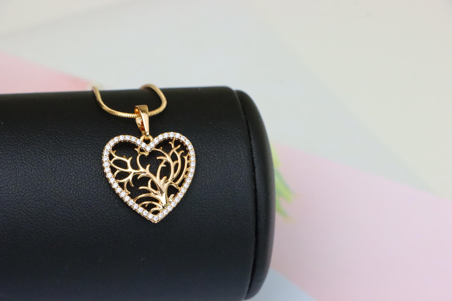 Rose Gold Heart Pendant with Tree of Life Design and Crystal Border, XPPT1480 (2137-9)