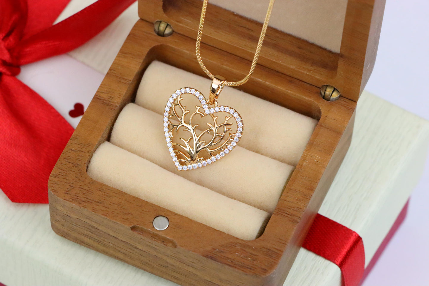 Rose Gold Heart Pendant with Tree of Life Design and Crystal Border, XPPT1480 (2137-9)