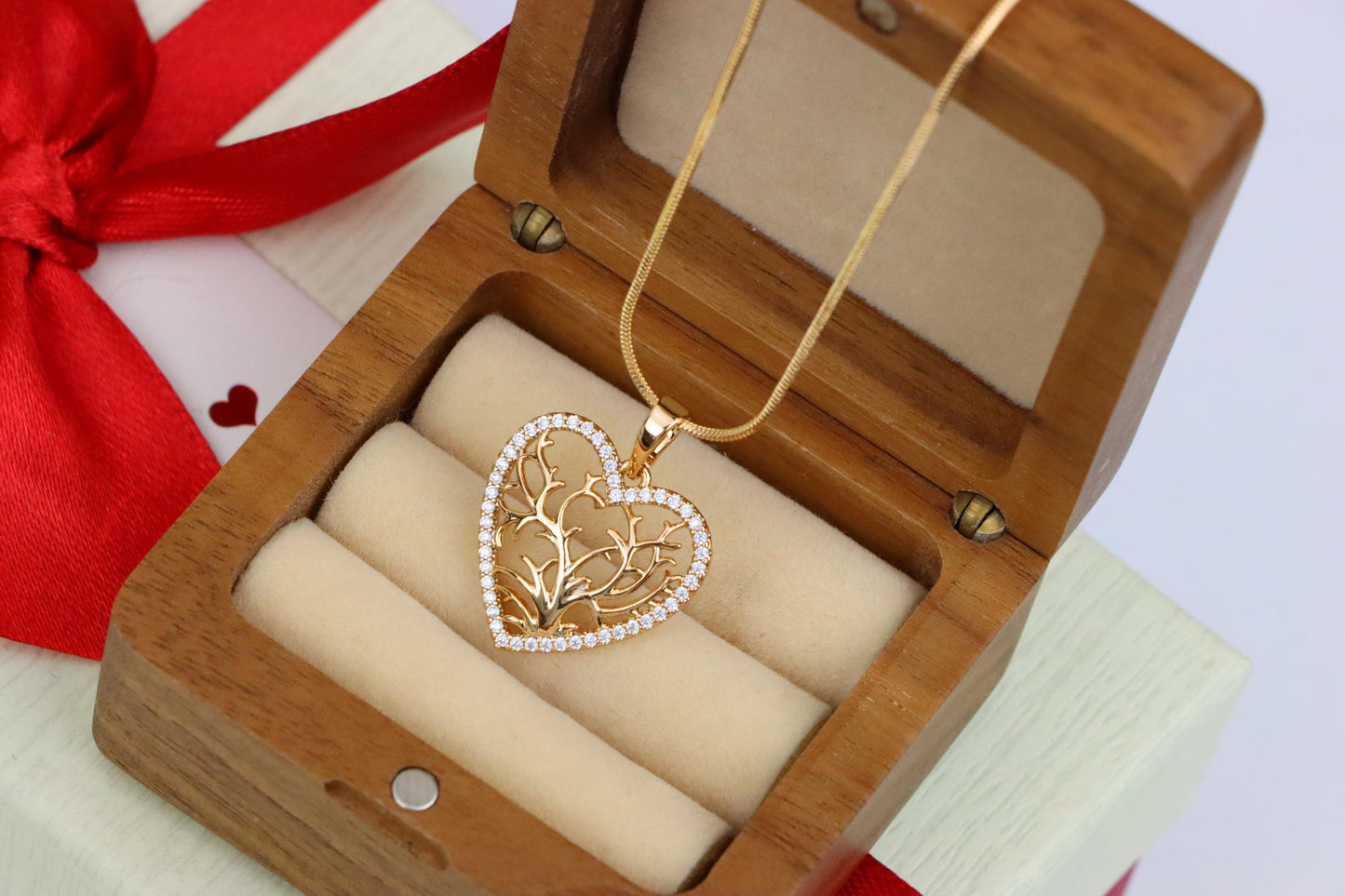 Rose Gold Heart Pendant with Tree of Life Design and Crystal Border, XPPT1480 (2137-9)