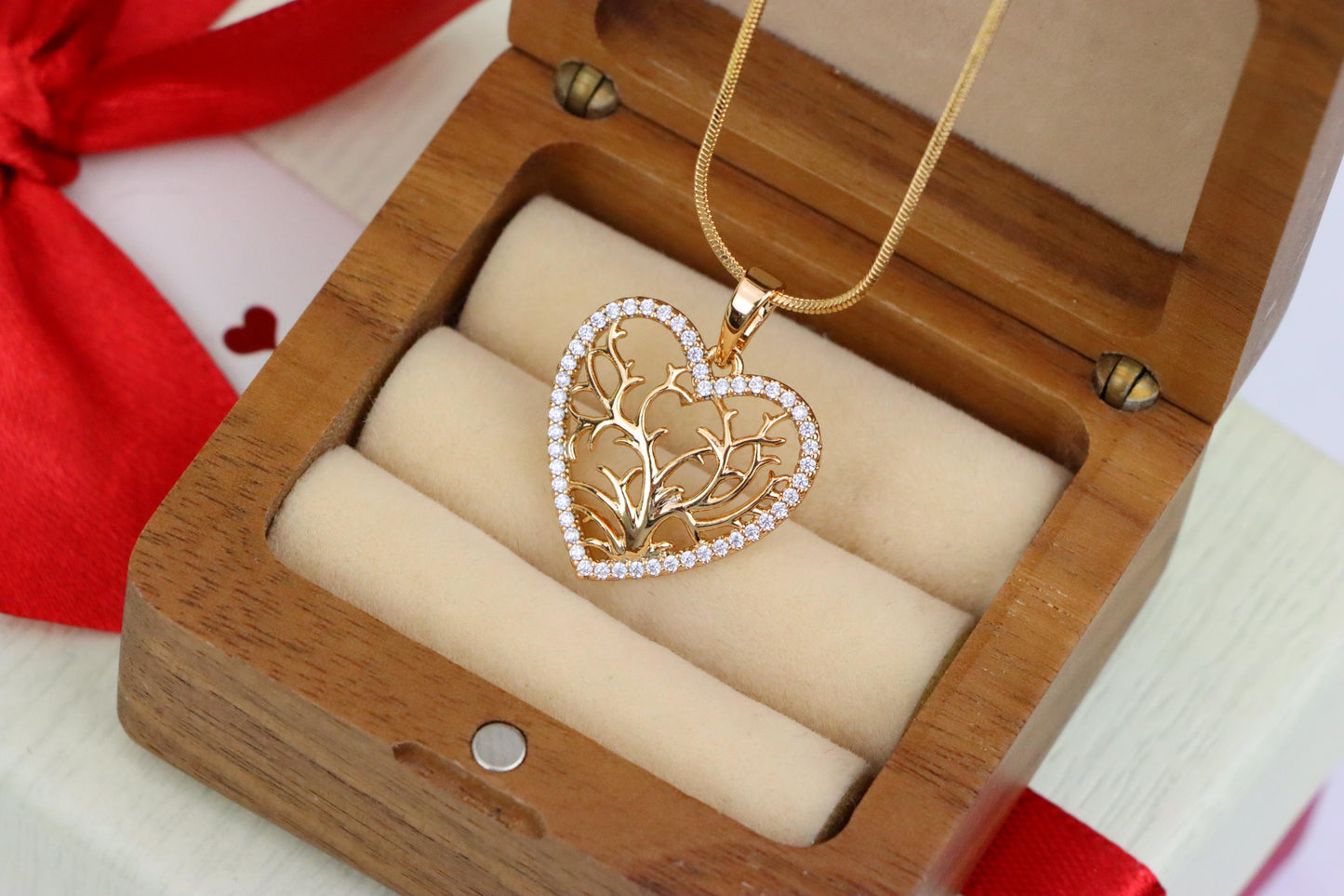 Rose Gold Heart Pendant with Tree of Life Design and Crystal Border, XPPT1480 (2137-9)