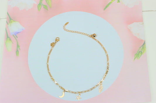 Rose Gold Moon Star Leaf Anklet in Gold Plated Brass, XPAL1038 (2104-7)