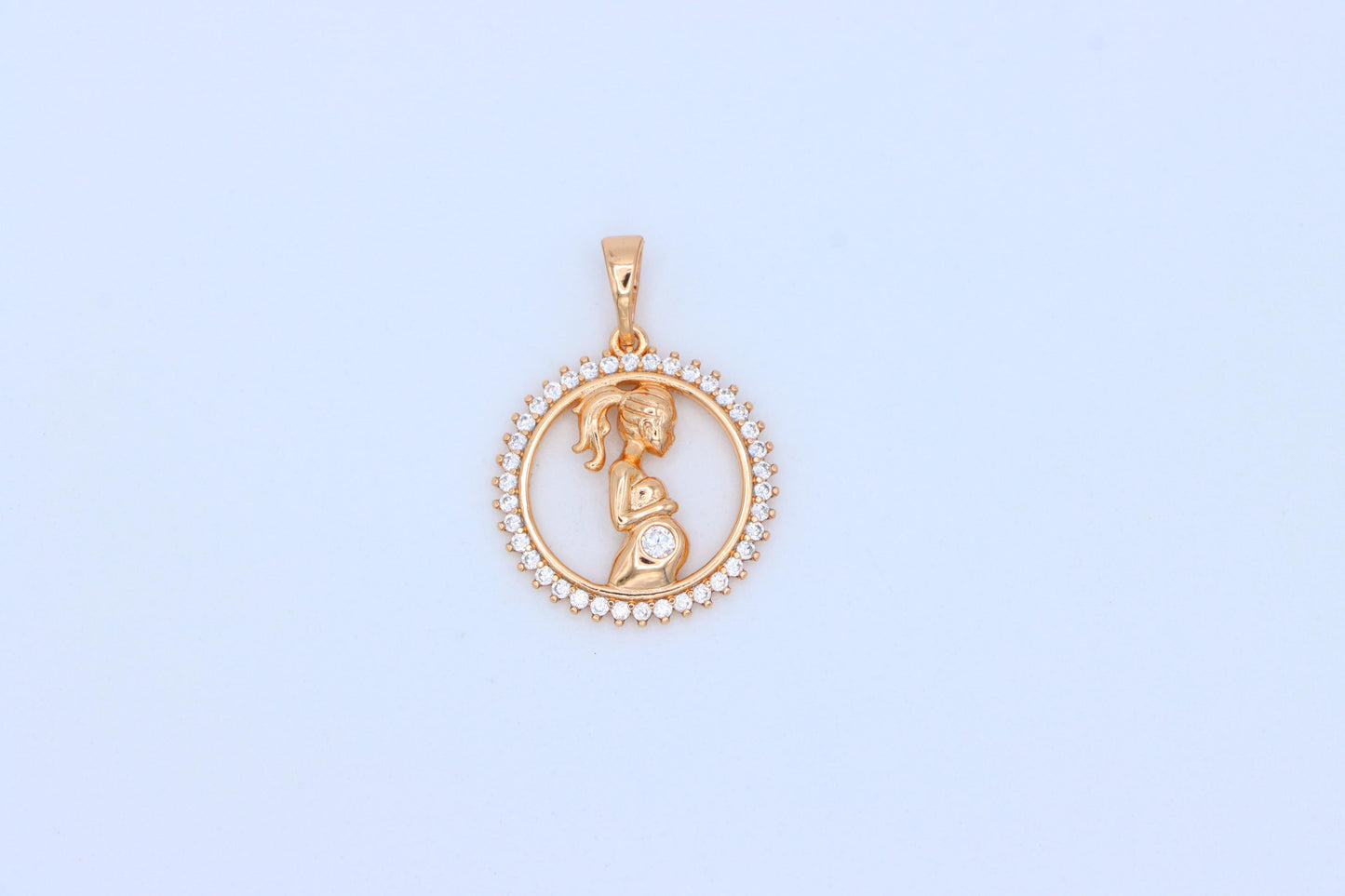 Rose Gold Pregnant Woman Pendant with Crystals in Circle Frame, XPPT1481 (2137-10)