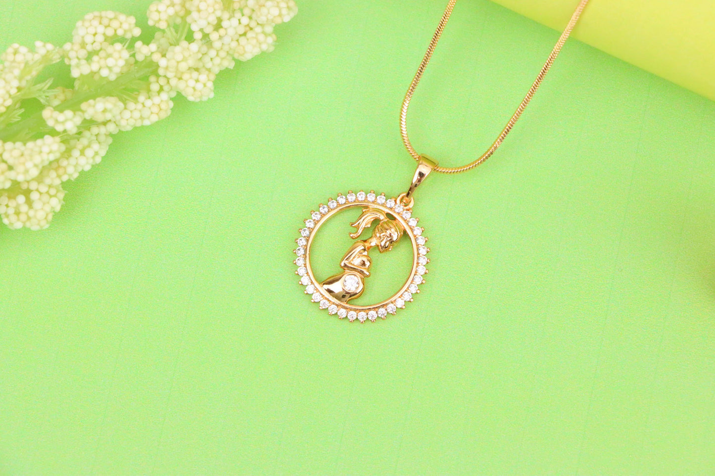 Rose Gold Pregnant Woman Pendant with Crystals in Circle Frame, XPPT1481 (2137-10)