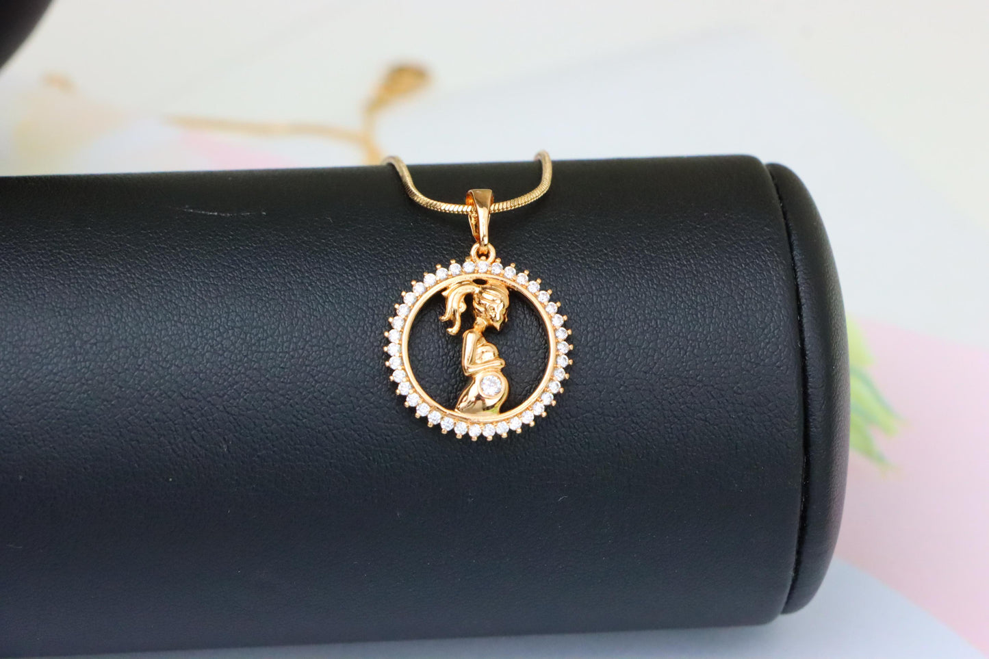 Rose Gold Pregnant Woman Pendant with Crystals in Circle Frame, XPPT1481 (2137-10)