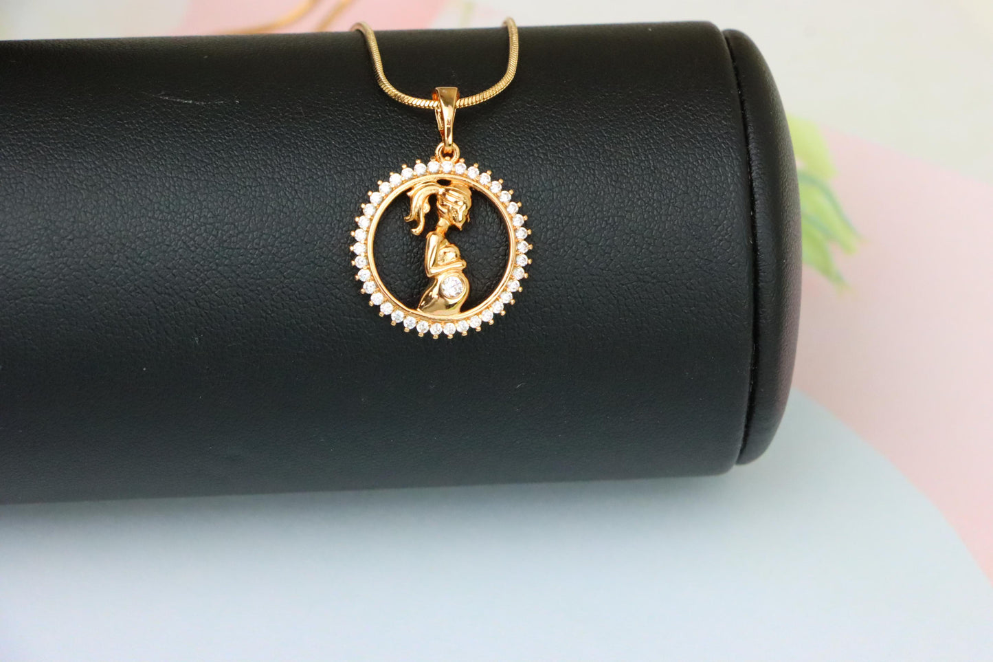 Rose Gold Pregnant Woman Pendant with Crystals in Circle Frame, XPPT1481 (2137-10)