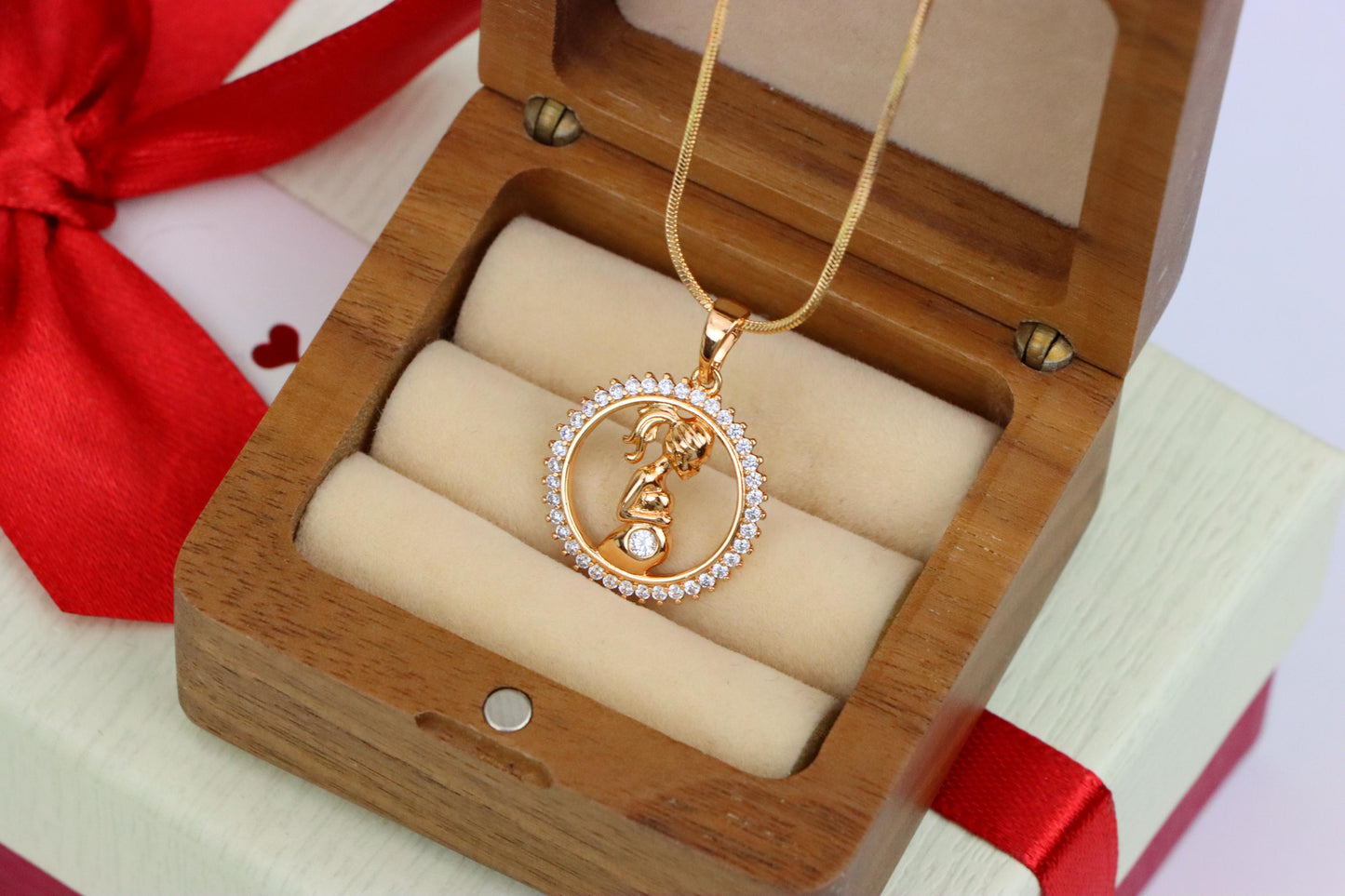 Rose Gold Pregnant Woman Pendant with Crystals in Circle Frame, XPPT1481 (2137-10)