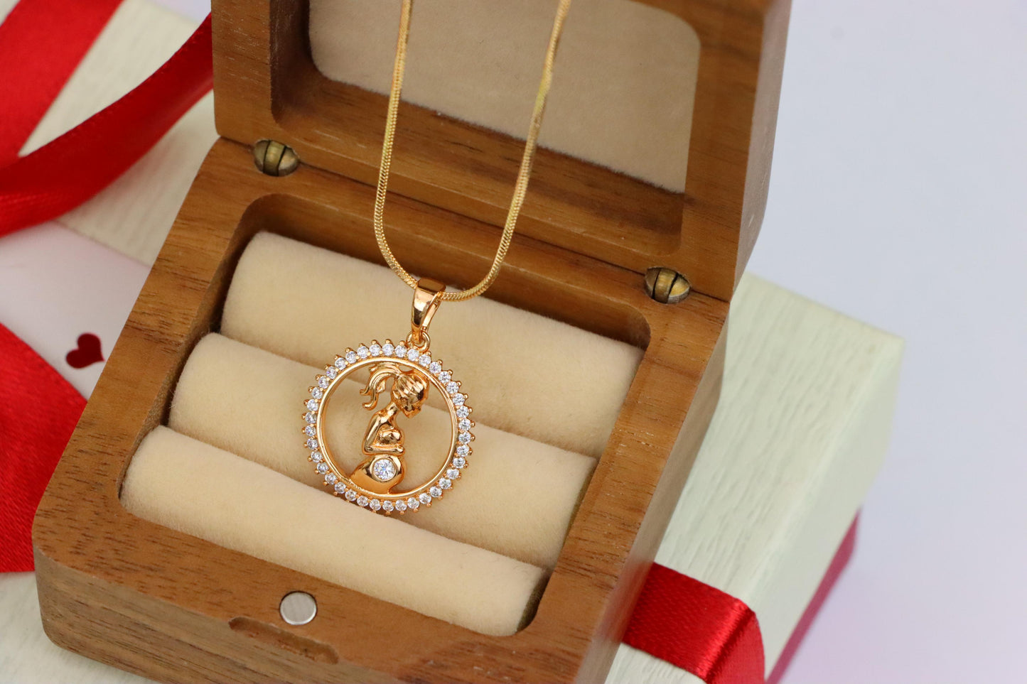 Rose Gold Pregnant Woman Pendant with Crystals in Circle Frame, XPPT1481 (2137-10)