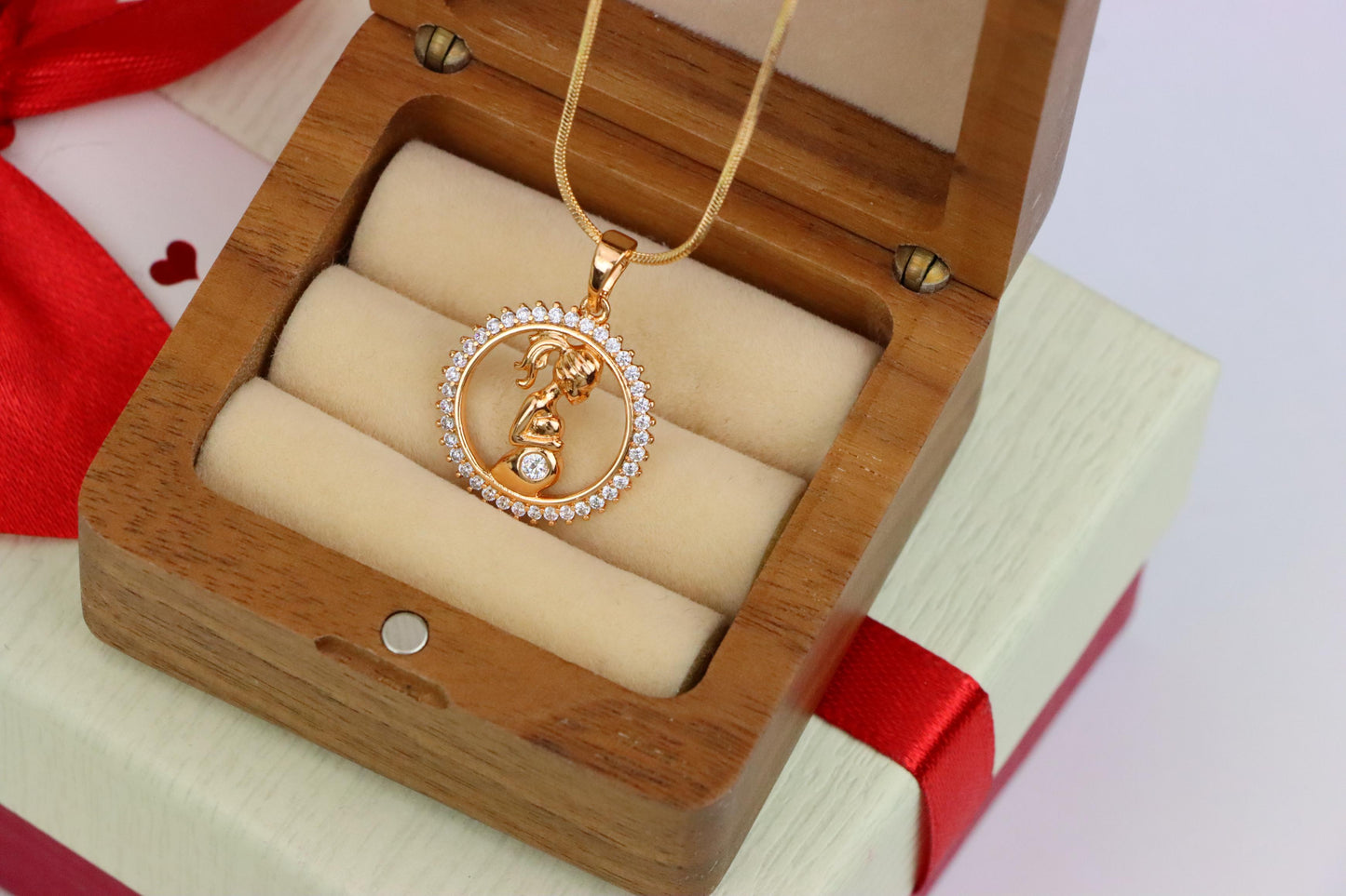 Rose Gold Pregnant Woman Pendant with Crystals in Circle Frame, XPPT1481 (2137-10)