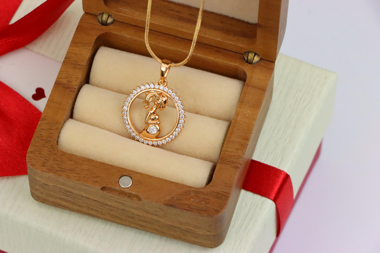 Rose Gold Pregnant Woman Pendant with Crystals in Circle Frame, XPPT1481 (2137-10)