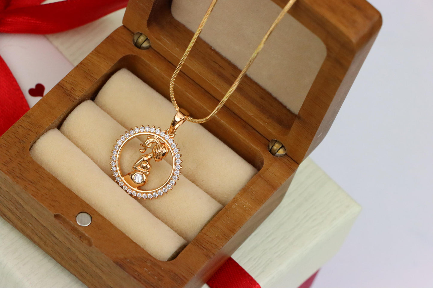 Rose Gold Pregnant Woman Pendant with Crystals in Circle Frame, XPPT1481 (2137-10)
