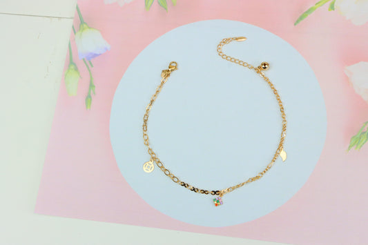 Rose Gold Anklet with Rainbow Charm and Leaf Accents, XPAL1039 (2104-8)